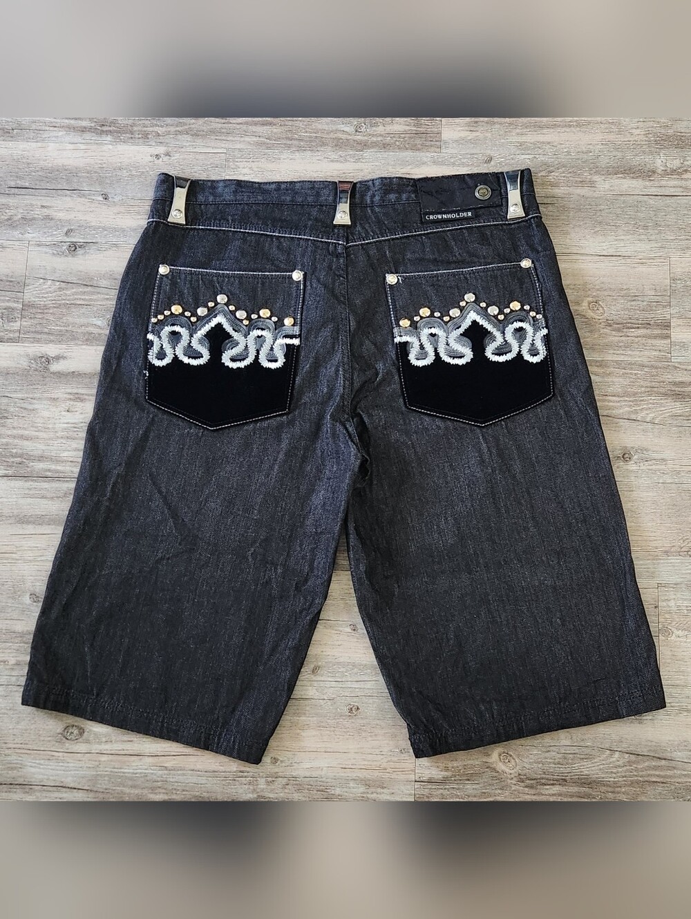 Crown holder Black Baggy Jorts Shorts Mens Embroidered/studded Back Pockets